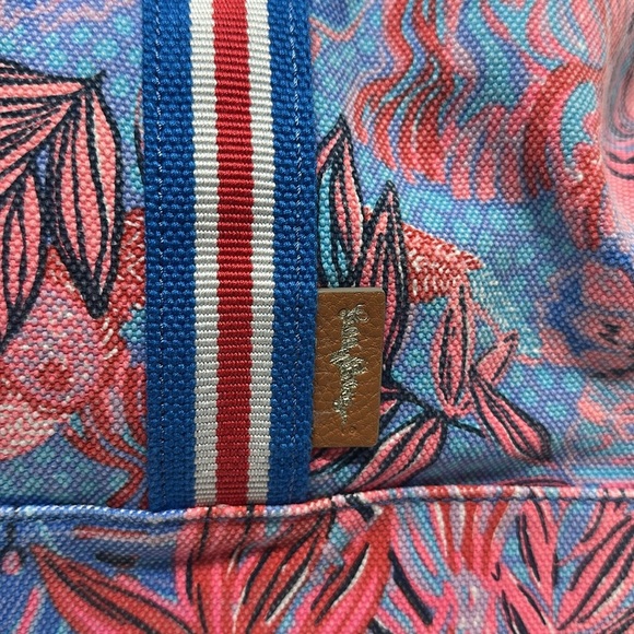 Lilly Pulitzer Mercato Tote Bag Shoulder Strapas Floral Ruby Red Wild Times Blue - Picture 6 of 10